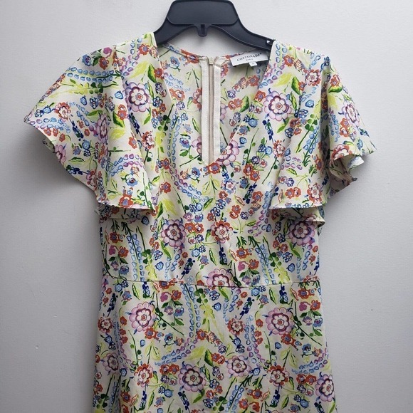 Cottonade Sheath Dress 36/Med Multicolor Flutter Sleeves Fit Flare Midi V-neck - Picture 3 of 8